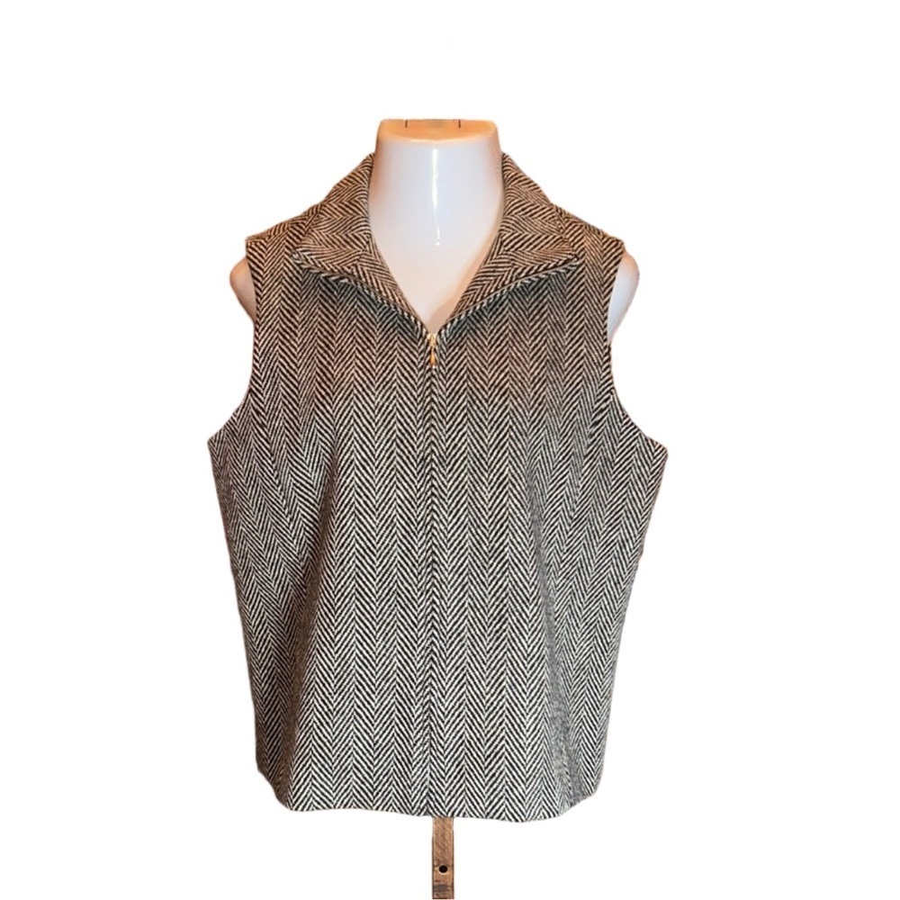 COLDWATER CREEK Gorgeous Wool Black & White Herringbone Print Zip Up Vest Size L